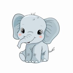 Fototapeta premium Cute cartoon baby elephant with big eyes and a joyful expression, sitting on a white background. Perfect for children's content and design.