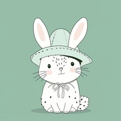 Adorable white rabbit wearing a hat, sitting on a green background. Cute cartoon illustration perfect for children's designs and decor.