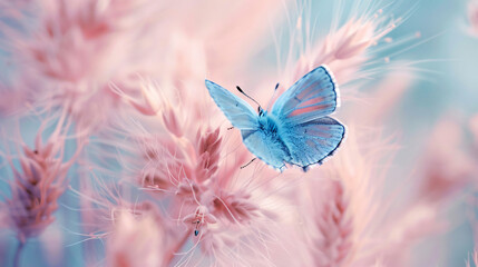 A gentle blue butterfly on a fluffy pink flower 