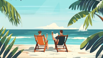 A Couple Relaxing In Beach Chairs, Reading Books And Sipping Cold Drinks, Cartoon ,Flat color