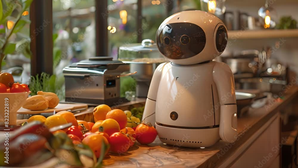 Poster a robot is positioned in front of a counter filled with a variety of fresh fruits and vegetables in 