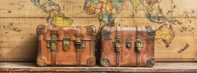 Two old leather suitcases are placed on a wooden table with a background with the world map. The suitcases are brown and have a vintage look. Travel and vacation concept.