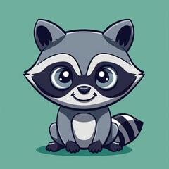 Cute cartoon raccoon with big eyes sitting on a teal background. Adorable and fun illustration for children and animal lovers.