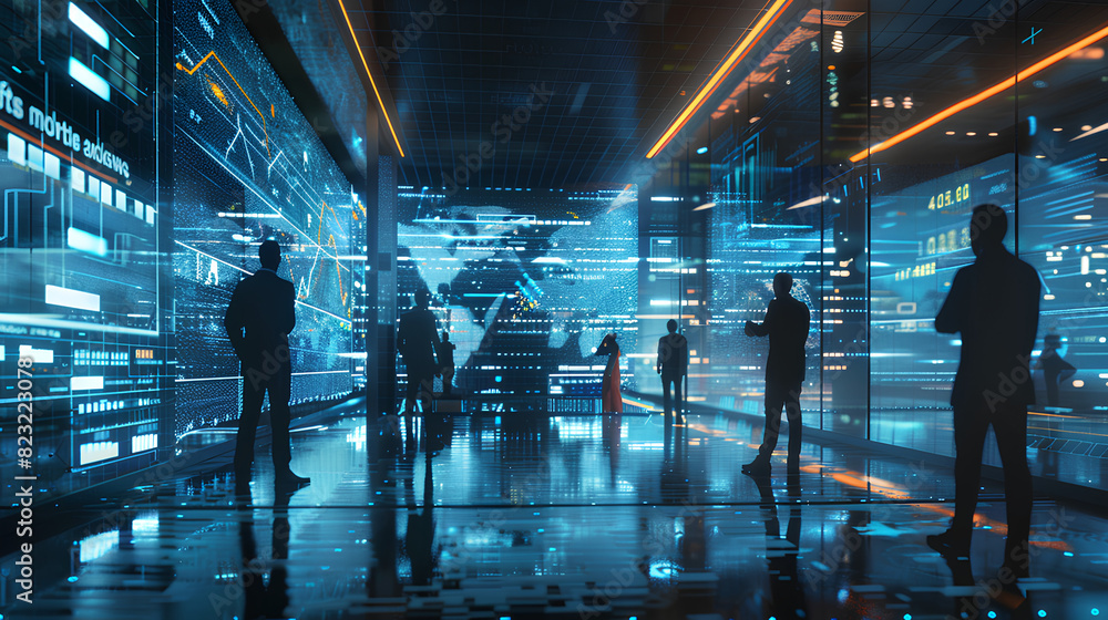 Poster futuristic technology concept. team of artificial intelligence software engineers and finance worker