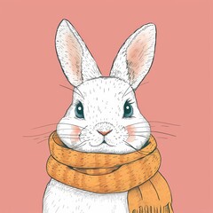 Cute hand-drawn illustration of a white rabbit wearing an orange scarf against a pink background. Perfect for seasonal and holiday themes.