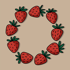 Hand drawn doodle linear colorful vector strawberry fruits wreaths spring summer seasonal seamless centerpiece card illustration isolated on beige background 
