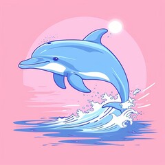 Illustration of a playful dolphin leaping over ocean waves against a pink sunset backdrop, capturing the essence of marine life and joy.