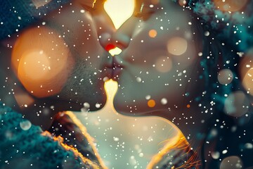 Couple kissing snow lights background