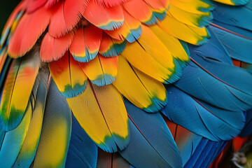Fototapeta premium Vibrant Macaw Feather Detail - A Symphony of Colors in Nature 