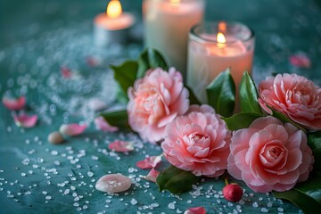 Table with candles and flowers, scattered petals