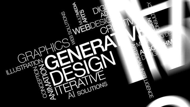 Generative design words tag cloud text white word black background graphic design art iterative designer AI artificial intelligence algotythm model graphic design
