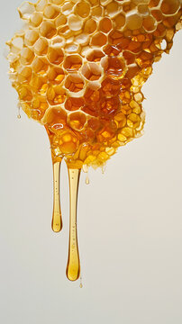 Floating honeycomb with cells dripping with honey isolated on light background