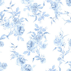 Watercolor Wedding seamless pattern  with tender blue roses flower and leaves. Illustration