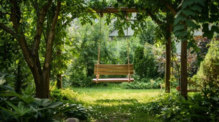 A wooden swing hangs invitingly in a lush green garden, offering a peaceful spot for relaxation and enjoyment of nature