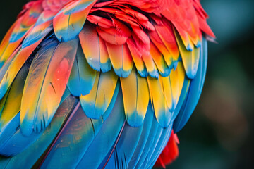 Fototapeta premium Vibrant Macaw Feather Detail - A Symphony of Colors in Nature 