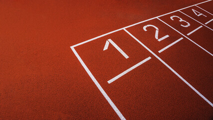 Athlete running track with number on the start . Perspective wide angle