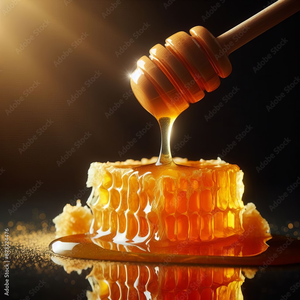 Poster close-up of golden honey dripping from a dipper onto honeycomb, highlighting its natural texture and