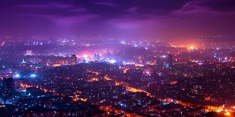 Fototapeta premium Aerial view of cityscape at night with colorful lights from buildings. Concept Cityscape Photography, Night Photography, Aerial Shots, Urban Landscapes, Colorful Lights