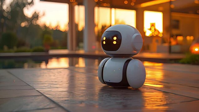 A robot is sitting on a patio in front of a house, under a clear sky, showcasing modern technology in a residential setting.