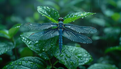 A dragonfly with blue wings perched on a leaf covered in raindrops, amidst lush green foliage in a serene, misty environment.