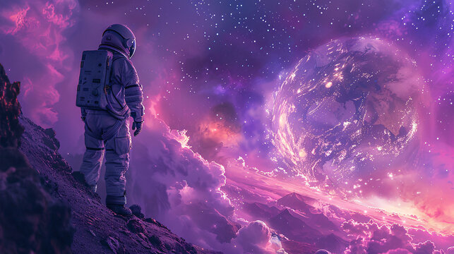 Heroic space explorer with a dreamy expression, floating in a beautiful galaxy