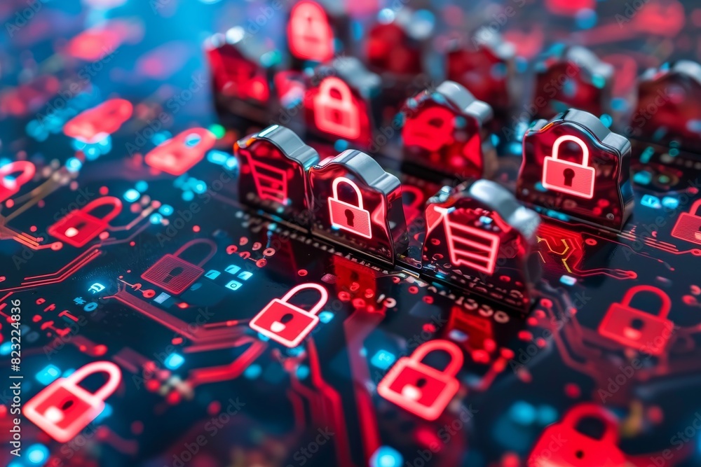 Poster red locks on circuit board symbolizing data protection and cybersecurity