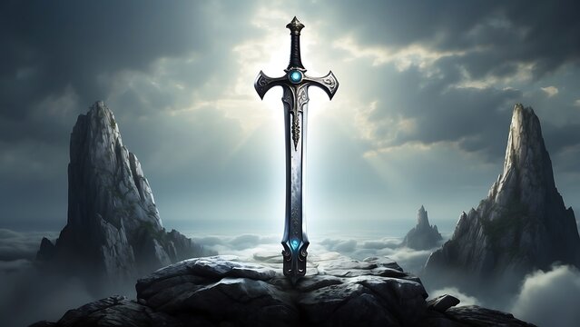 Silhouette of a silver sword with a crucifix symbol against a background