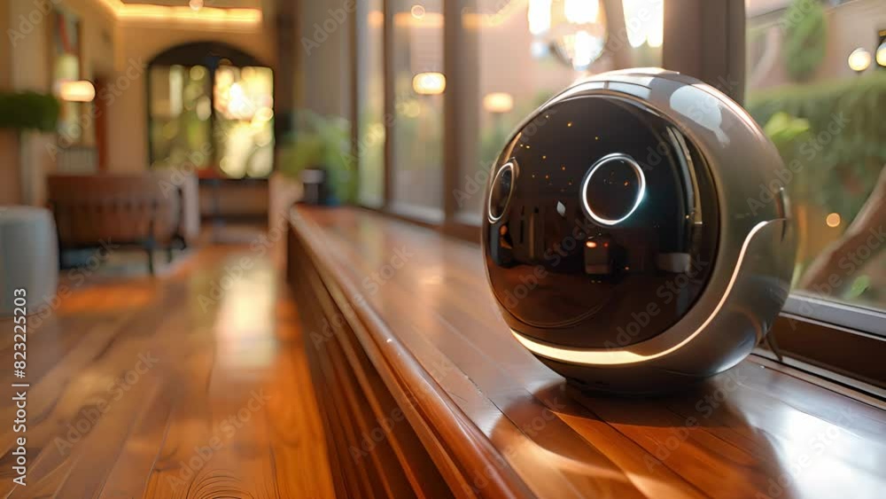 Poster a robot is seated on a wooden table in front of a window, showcasing a blend of technology and natur