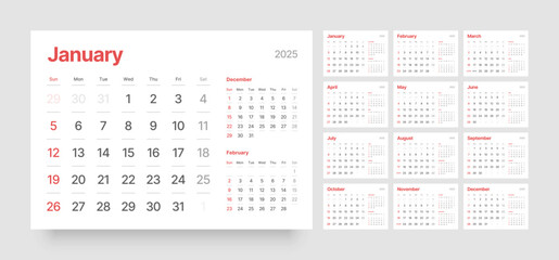 Monthly calendar template for 2025 year. Wall calendar in a minimalist style. Week Starts on Sunday. 