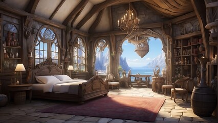 Hotel in the fantasy game INN, ancient architecture in a white room