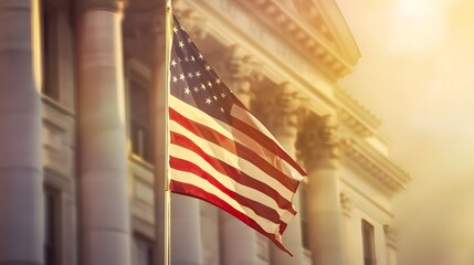 USA flag with government building background