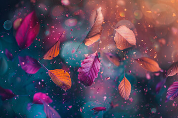 Vibrant Nature Fantasy Colorful Leaves and Magical Dust Particles 