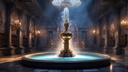 Floodlit fountain with statues in from a fantasy story. The holy spring is used to heal painful wounds.