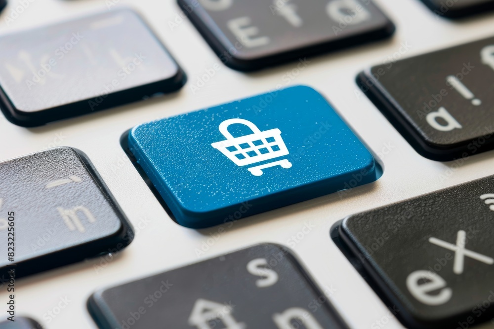 Poster Blue Shopping Cart Key on Keyboard Representing Secure Ecommerce