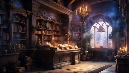 Obraz premium Inside the room of the sorcerers A user of magical magic who stores spells and wands in a fantasy world.