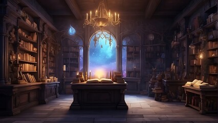 Inside the room of the sorcerers A user of magical magic who stores spells and wands in a fantasy world.