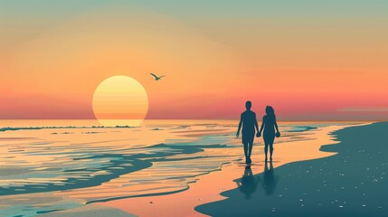 A Couple Walking Along The Beach At Sunrise, Holding Hands And Talking, Cartoon ,Flat color