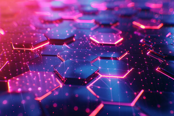 Vibrant neon background of futuristic digital connectivity, showcasing advanced hexagons and cybernetic networks 