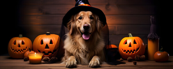Golden Retriever breed dog in Halloween coGolden Retriever’s Halloween Adventure: Costume and Pumpkin Lanterns in the Woods
stume in the woods surrounded by pumpkin lanterns,
