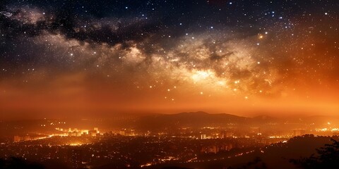 Cityscape under starry sky glowing with moonlight a mesmerizing urban wonder. Concept Urban Night Photography, Moonlit Cityscape, Starry Sky Views, Mesmerizing Urban Landscapes, Glowing City Lights