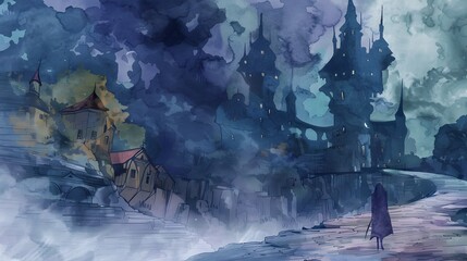Enchanting Watercolor Landscape of a Mysterious Sorcery Enterprise