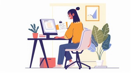 Smiling female study online looking at computer screen making notes vector illustration Domestic girl sitting on chair watching internet courses Modern student or pupil studying remotely at home