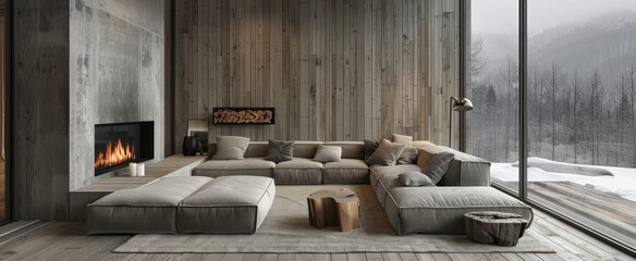 A cozy living room with an Lshaped sofa, wooden walls and floor