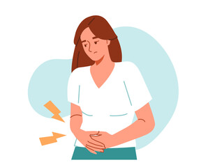 Woman suffer from stomach ache. Menstrual cramp or endometriosis abdominal pain concept. Vector illustration.