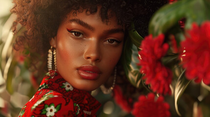 A woman with curly hair and hoop earrings is posing amid red flowers during sunset, wearing a floral dress