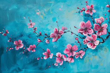 Vibrant Pink Blossoms Framing a Calm Blue Background 