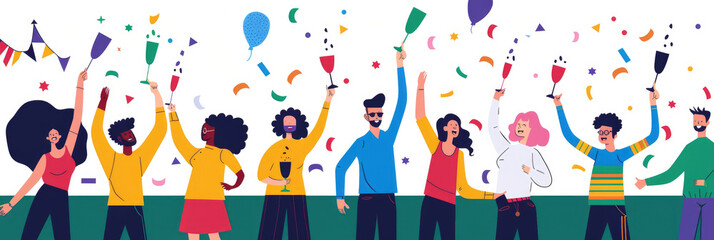 A group of people joyfully celebrating, throwing confetti and waving colorful streamers in the air