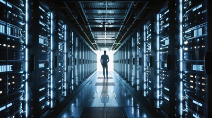 A man stands among rows of powerful servers in a vast room filled with technology
