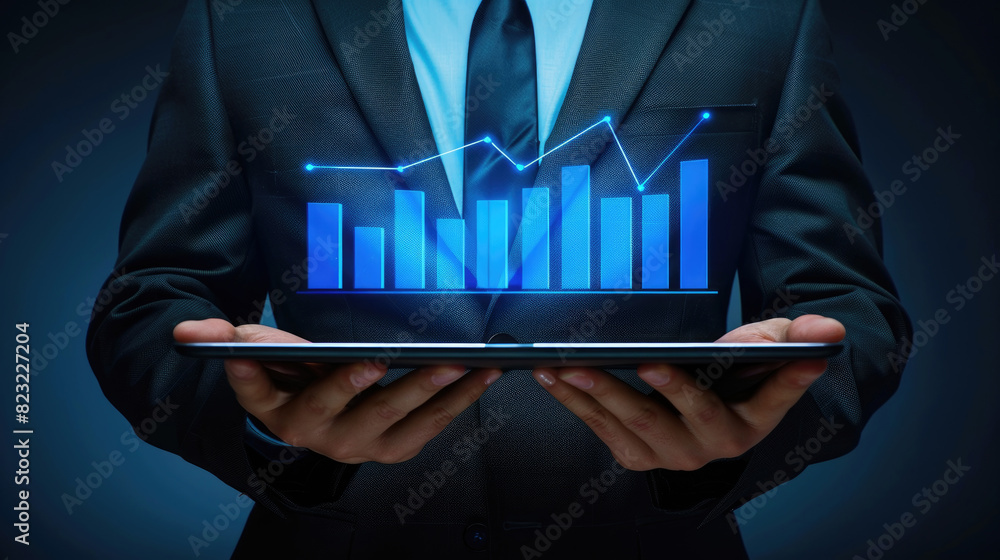 Aufkleber a businessman in a suit holds a tablet showing a glowing bar graph with a line chart overlay, analyz