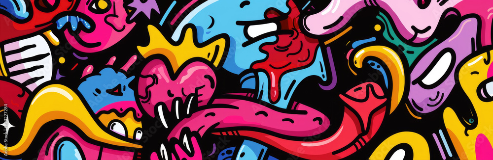 Poster a colorful painting featuring a variety of shapes and hues that create a dynamic composition filled 